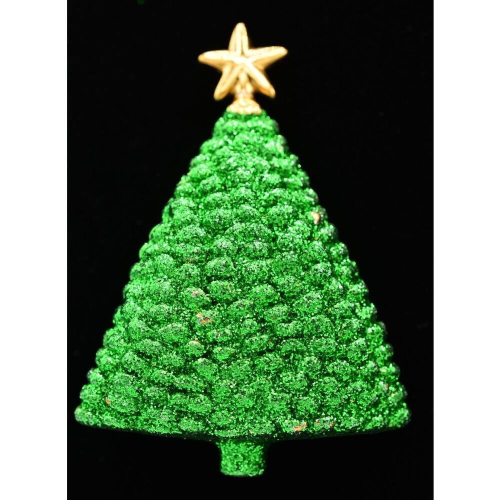 AJC Vintage Christmas Tree Pin Brooch Green Glitter Heavy Signed 80s 1980s BinAJ